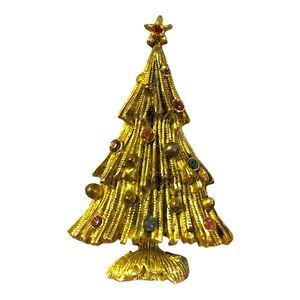 Vintage 1950s Gold Christmas Tree Multicolored Gemstones Brooch 3”